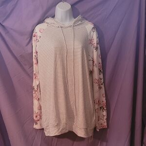 Primark Cream Striped Hoodie with Pink Floral Sleeves